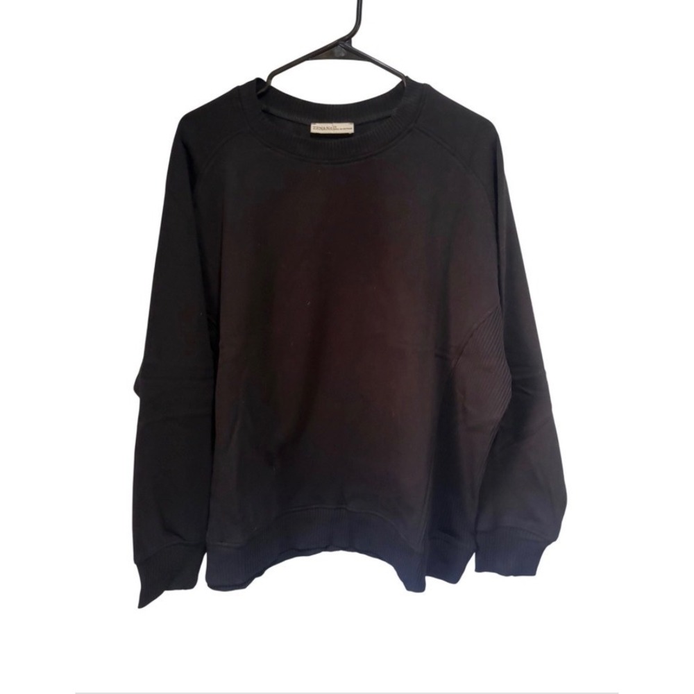 Black Womens Zenana Ribbed Side Panel Crewneck Sweatshirt